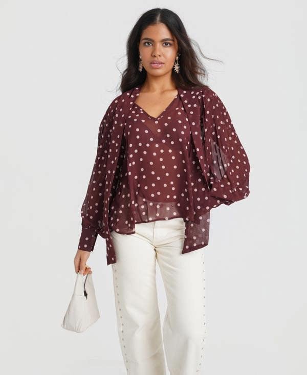 Burgundy Spot Tie Neck Blouse