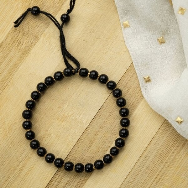 The Colourful Aura Large Matt Black Beads Daily Unisex Adjustable Yoga Meditation Bracelet