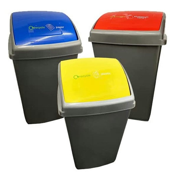 Set Of 6 Grey 50L Commercial Recycling Bins With Colour Coded Lids