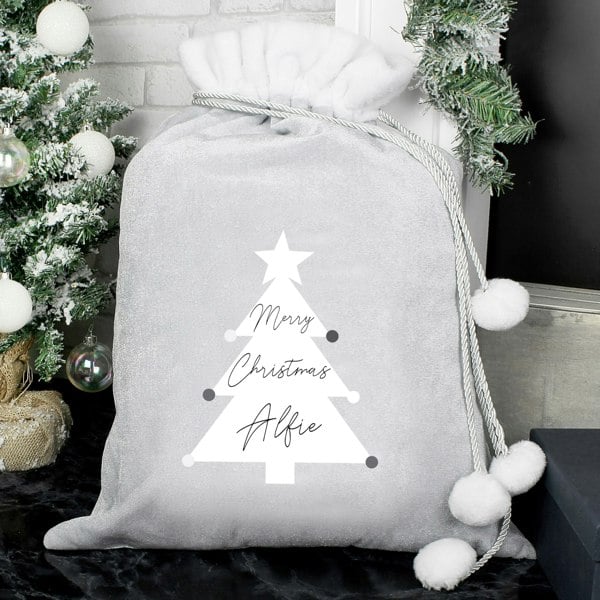 Personalised Memento Company Personalised Christmas Tree Luxury Silver Grey Pom Pom Sack