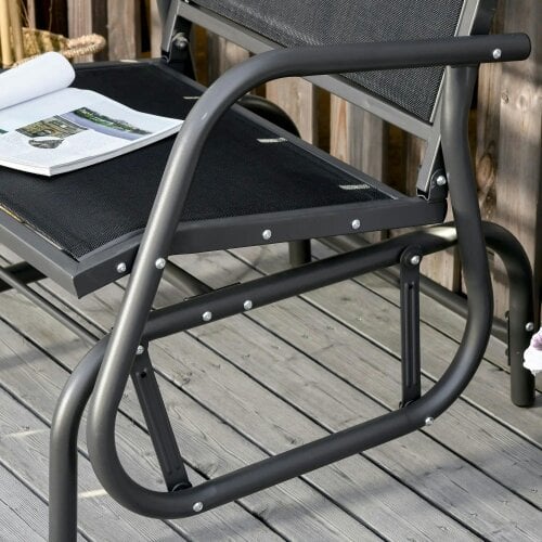Bobobiy Outdoor Garden Glider Chair, Metal Frame Single Armchair Swing Seater with Breath Mesh Fabric Seat, Curved Backrest, Armrests, Dark Grey