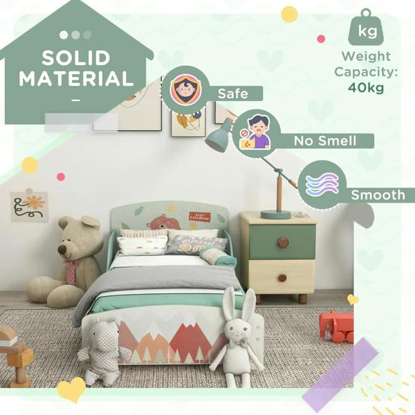 Green toddler bed frame with slatted base and curved headboard panel; safety rail detail shown