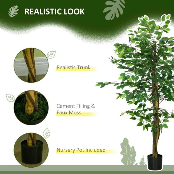 Green artificial ficus tree with dark weighted pot and detailed trunk