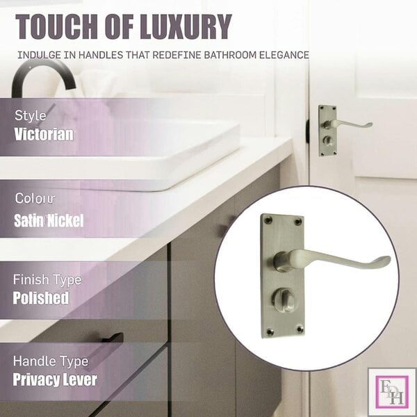 EDH Door Hardware Victorian Scroll Satin Nickel Bathroom Door Handles Set with Privacy Lock 2 Pair