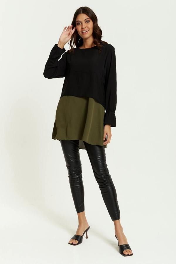 Hoxton Gal Oversized Satin Long Sleeves Colour Block Tunic Top in Black, Black and Khaki