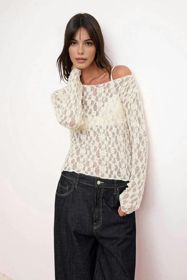 WOVCOR Fitted Boat Neck Long Sleeve Lace Knit Blouse