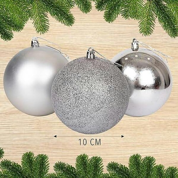 Shatchi Silver Shatterproof Christmas Baubles, Pack Size Options of 3 or 6, 10cm Tree Decorations