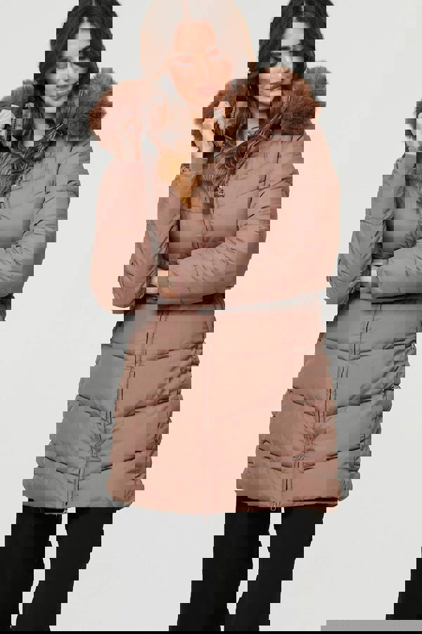 Beige | Faux Fur Hooded Longline Puffer Jacket
