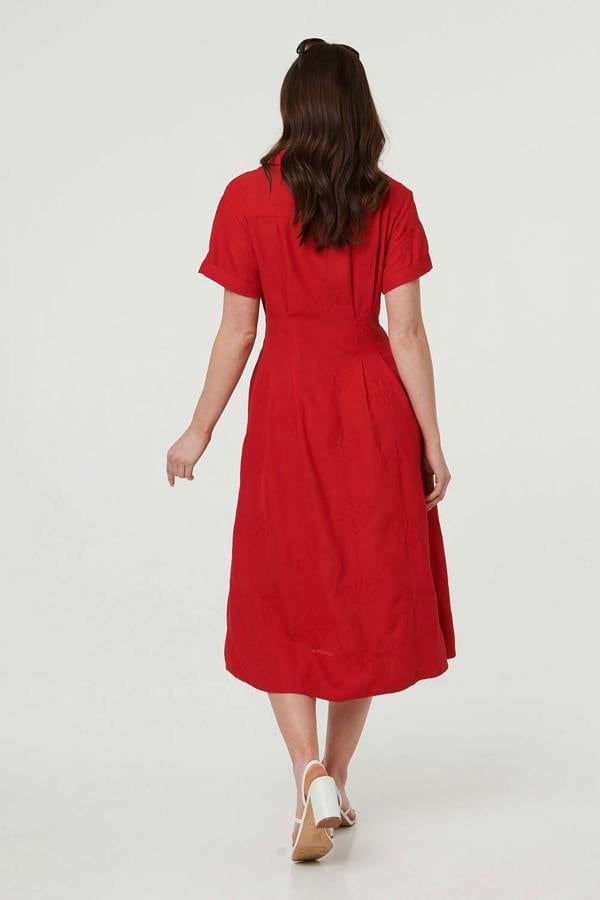 Red | Short Sleeve Flared Midi Shirt Dress
