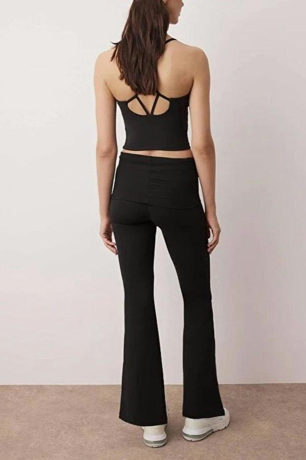 WOVCOR Brushed Soft Fabric Flare Yoga Knit Sports Leggings with Waist Fold Detail