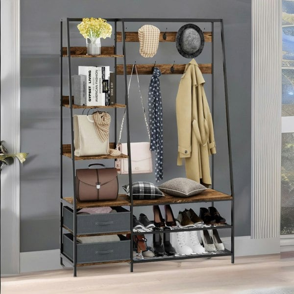 Rafaelo Mobilia Industrial Coat Rack Stand With 2 Fabric Drawers & 9 Hooks