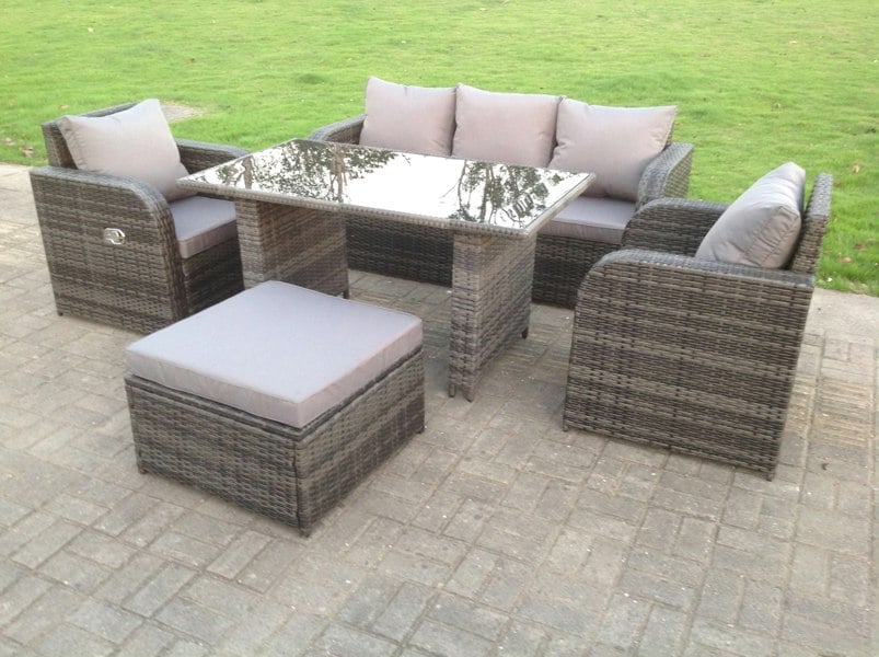 Fimous Rattan Garden Furniture Set Adjustable Chair Sofa Lounge 3 Seater Sofa Rectangular Dining Black Glass Table Footstool