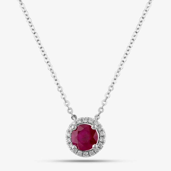 T. H. Baker 18ct White Gold Brilliant Cut Ruby & Diamond Halo Necklace P39072GW18RB