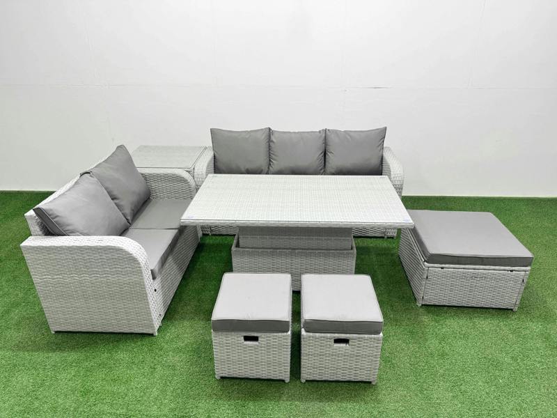 Fimous 8 Seater Outdoor Rattan Set, Garden Furniture, Adj Height Table, 3 Seater Sofa, Love Sofa, 3 Stools and Side Table, Light Grey