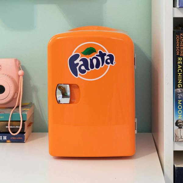Coca-Cola Fanta 4L Mini Fridge Orange 6 Can Cooler Warmer for Bedroom, Office or Travel (12V Plug)