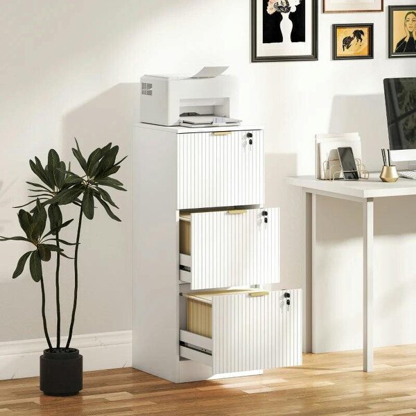 Filing Cabinet, Fluted Vertical File Cabinet with 3 Lockable Drawers and Hanging Rails, White - White