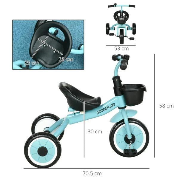 Kids blue tricycle with adjustable seat, basket, and bell