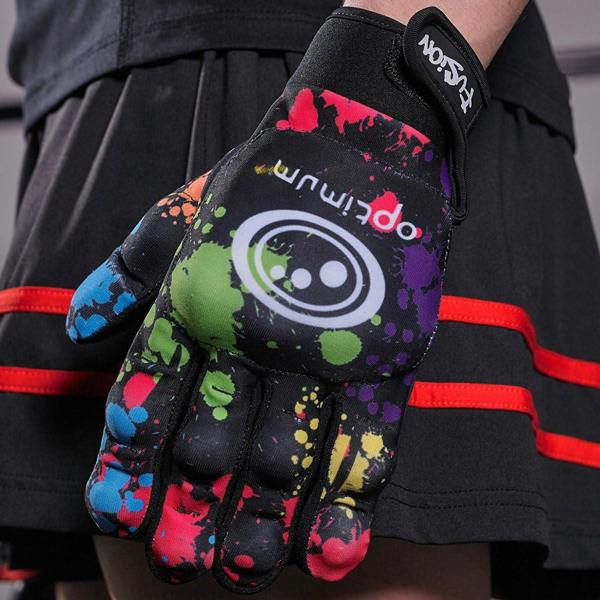 Hand wearing black Optimum Fusion full-finger hockey glove with paint-splatter print and white logo - Optimum