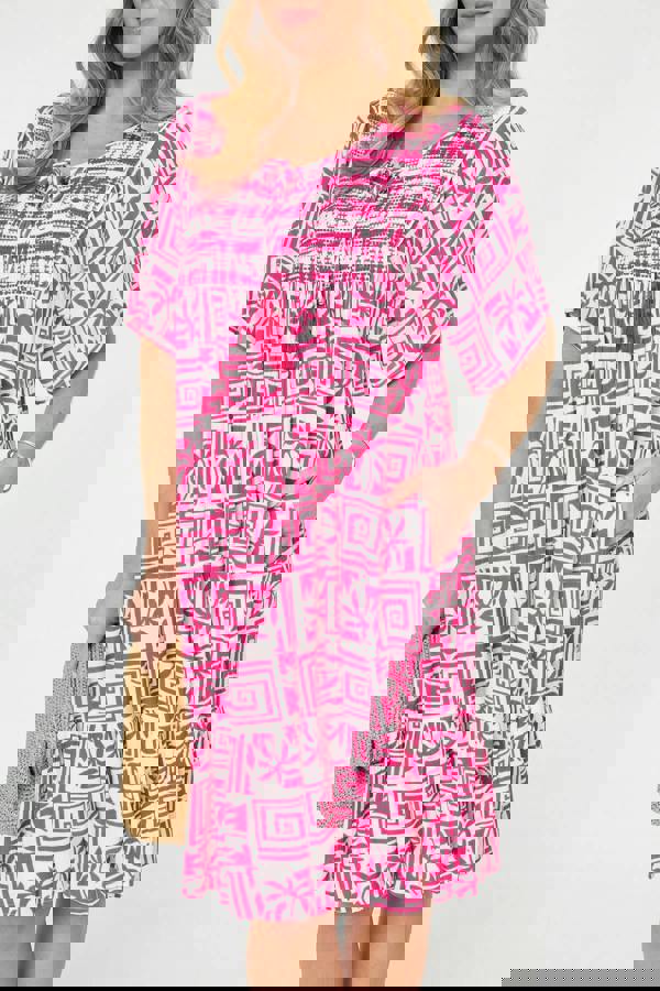 Pink | Printed Tassel Neck Knee Length Dress