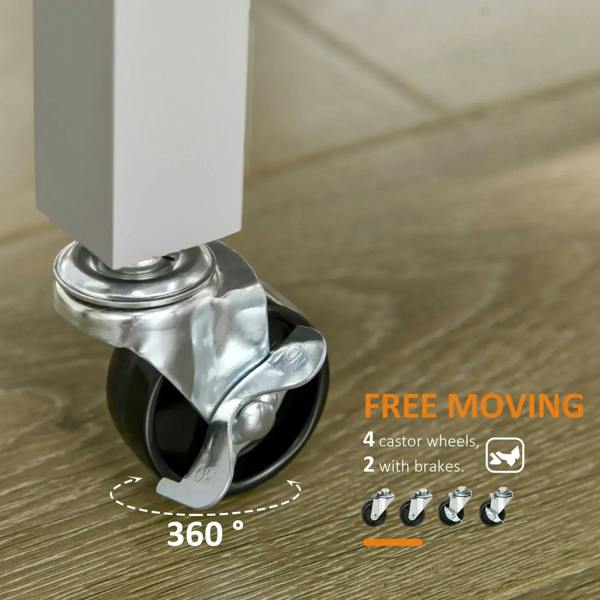 Rolling caster wheel assembly on grey kitchen utility cart base
