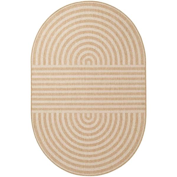 Beige oval rug with concentric circle pattern on a white background
