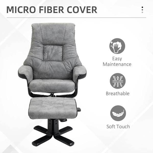 Grey fabric recliner chair with matching footstool, thick padded seat and black swivel base.