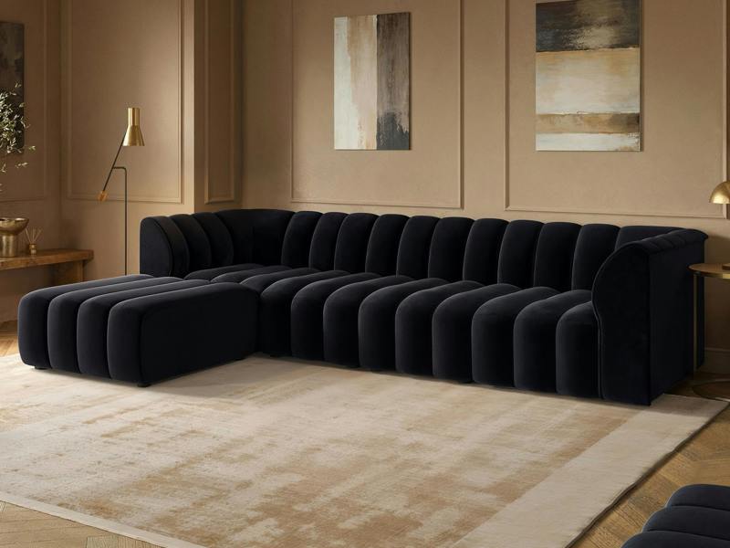 Halle Channel Tufted 4 Seater Modular Sofa with Reversible Footstool Black Velvet