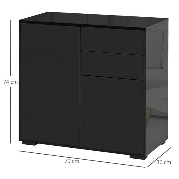 Black sideboard cabinet with two doors and two drawer sections, front view with dimensions