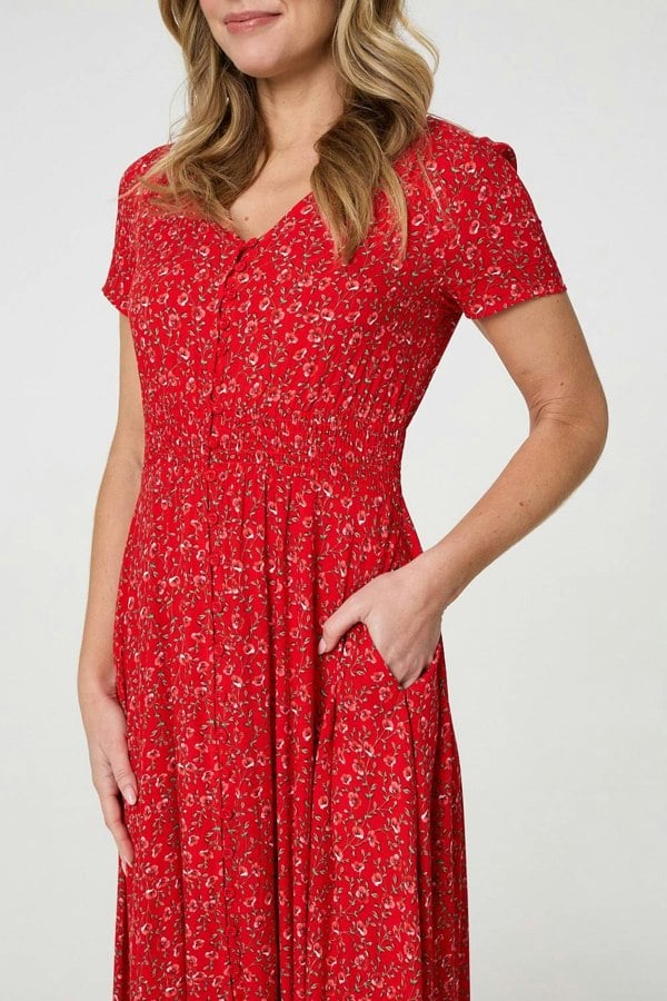Red | Ditsy Floral A-Line Maxi Dress
