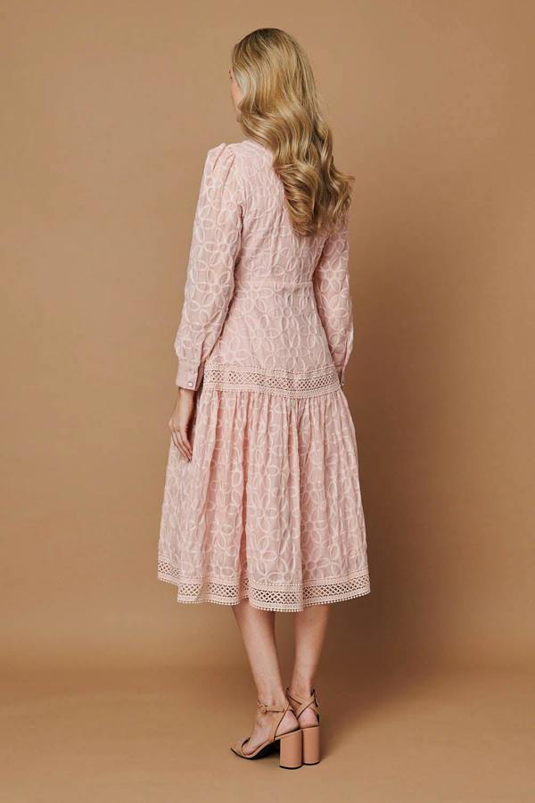 Pink | Embroidered Lace Long Sleeve Midi Dress