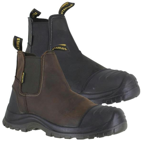 Stanley Riley Mens Pull On Steel Toe/Midsole Chelsea Dealer Boots, sturdy work boots in black and brown leather with elastic side panels and pull tabs for easy wear.
