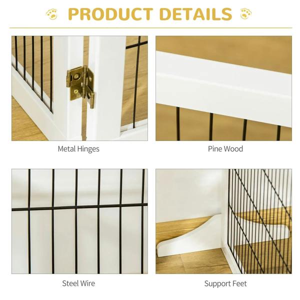 White pet gate details: metal hinges, pine wood frame, steel wire mesh