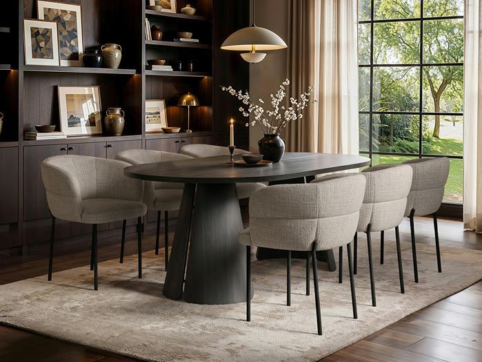Ebony Black Extendable Dining Table with 6 Elise Chairs Light Brown