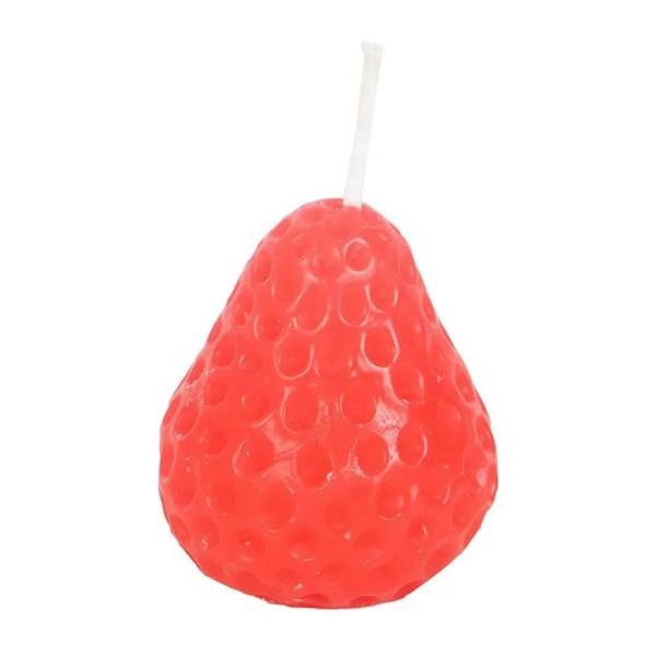 Single strawberry-shaped red candle with white wick