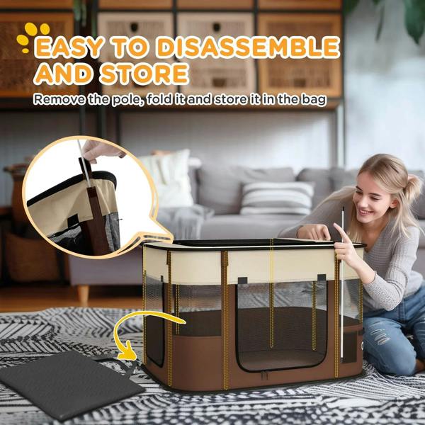 Brown foldable dog pen on floor with mesh doors; storage bag and poles shown