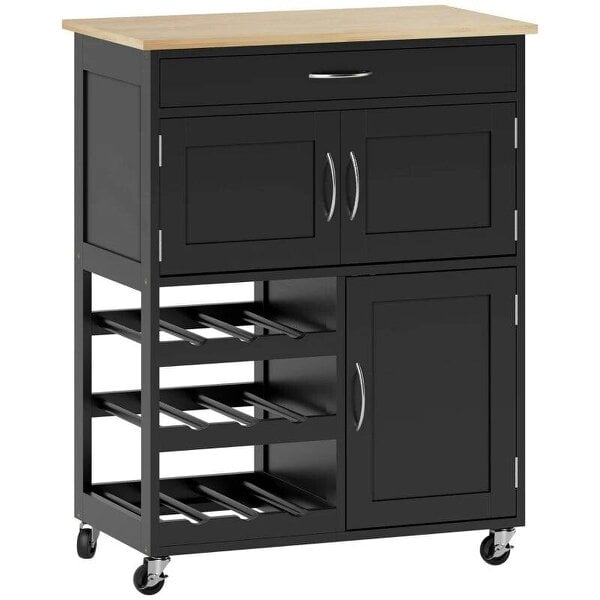 Modern Kitchen Trolley, Rolling Island Storage Cart with Drawer, 9-bottle Wine Rack, Door Cabinets, Black