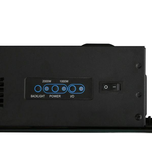 Black electric fireplace back panel with backlight and power buttons, I/O switch area