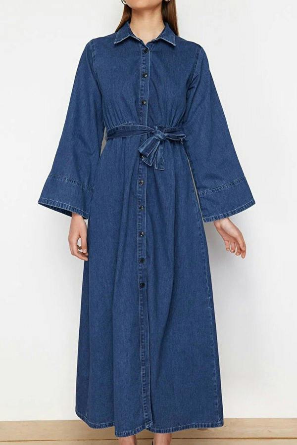 WOVCOR Belted Maxi Denim Shirt Dress