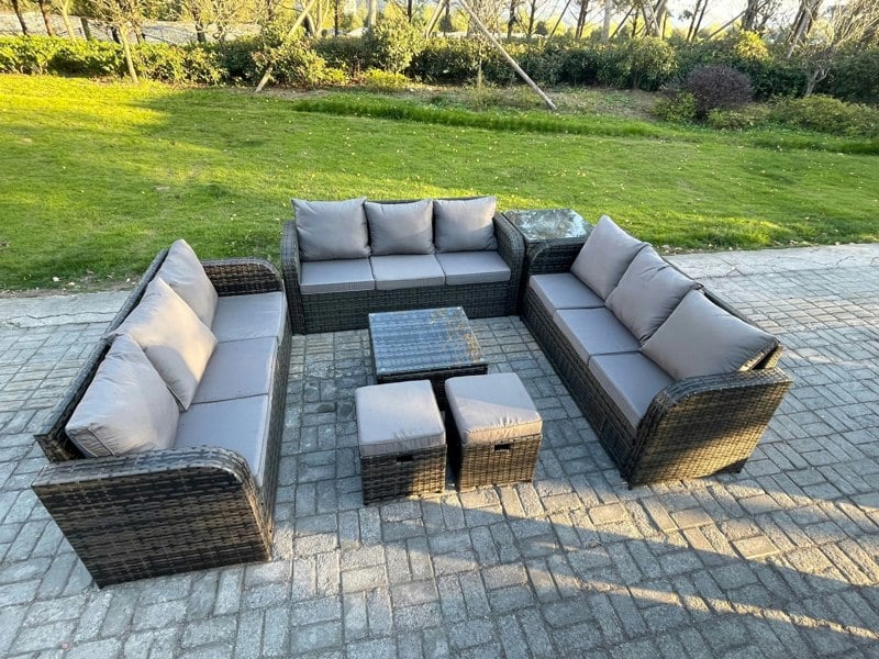 Fimous Rattan Outdoor Furniture Set Patio Garden Sofa Set with Side Table Square Coffee Table 3 Seater Sofa Dark Grey Mixed