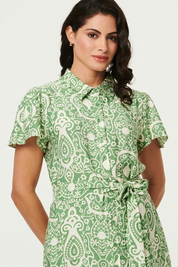Green | Printed Short Sleeve Tie Short Dress
