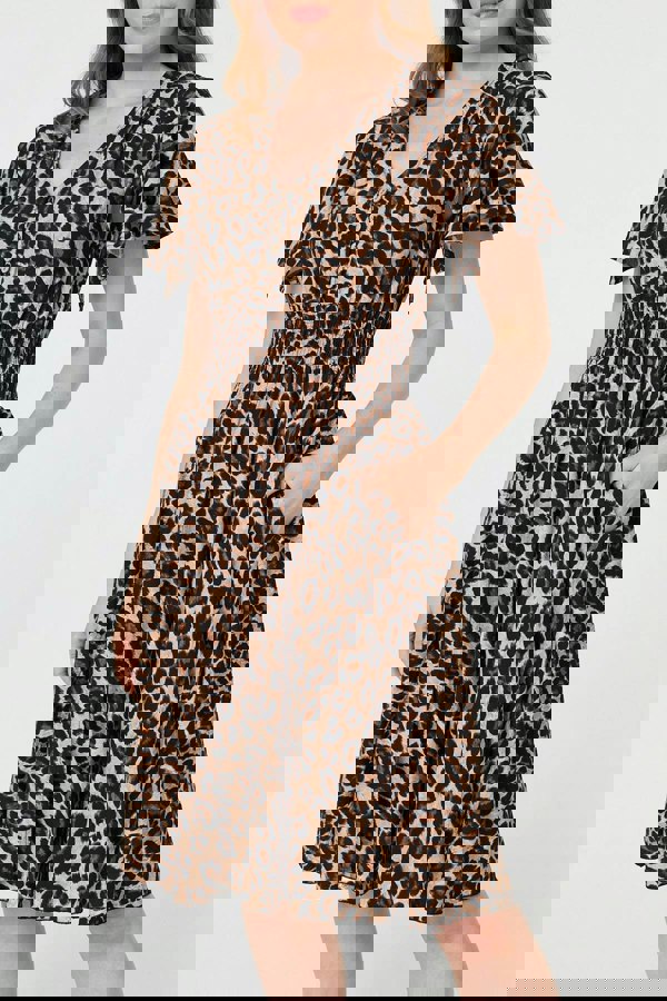 Beige | Animal Print Shirred Knee Length Dress