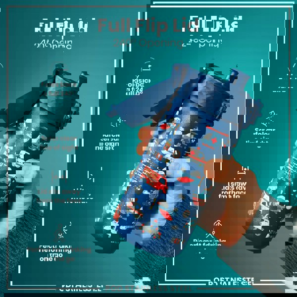 A blue, child-themed water bottle with a full flip lid is held by a person. The lid opens 240 degrees. The bottle sits against a teal backdrop.