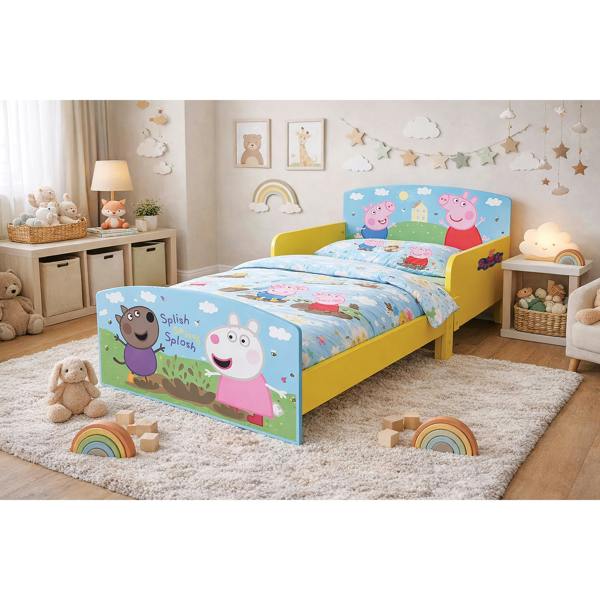 Kudlhome Peppa Pig Kids Toddler Bed Frame with Safety Rails, Yellow/Blue