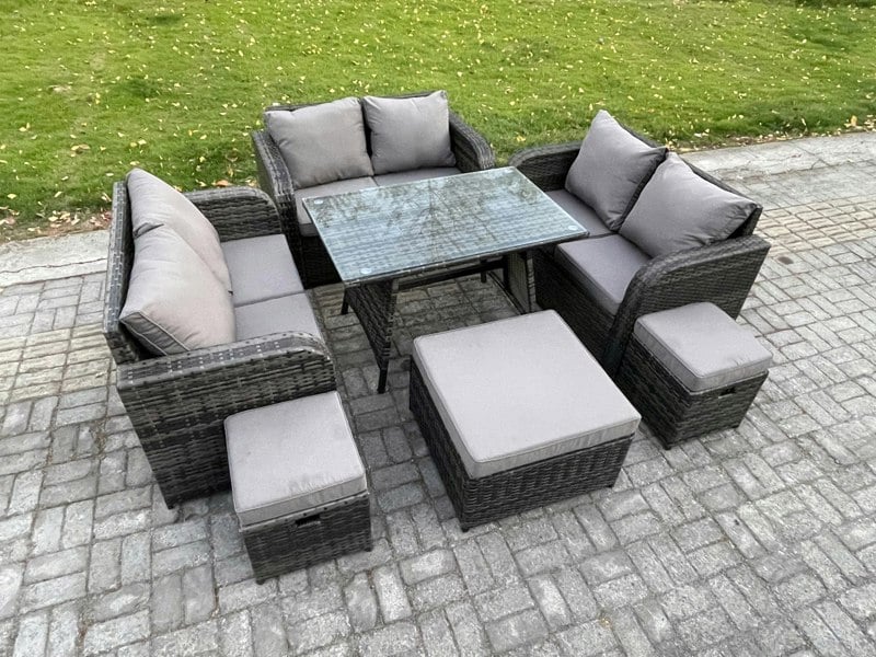 Fimous Outdoor Rattan Garden Furniture Set 9 Seater Patio Love Sofa Set with Rectangular Dining Table 3 Footstools Dark Grey Mixed
