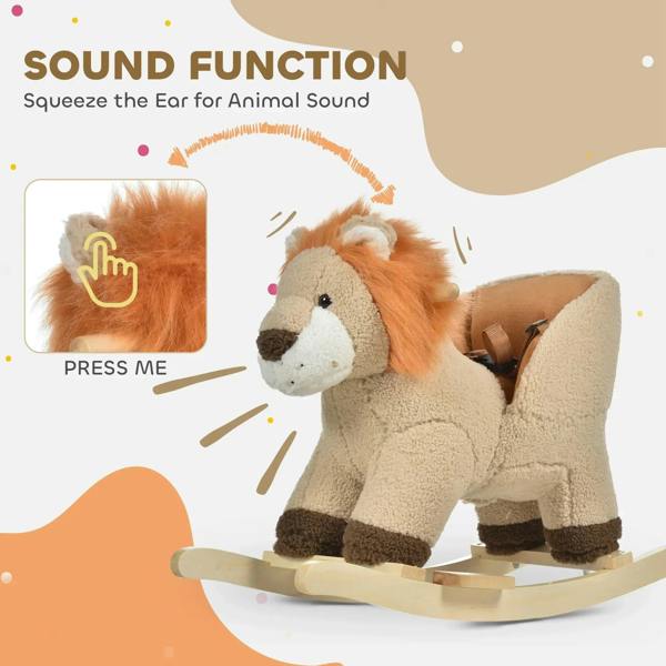Kids lion rocking horse with pressable ear sound button and wooden rocker base