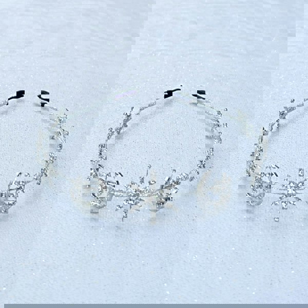 star headband, moon hair accessory, silver celestial headpiece, elegant star and moon design, vintage inspired silver hairband, stylish accessory for special occasions
