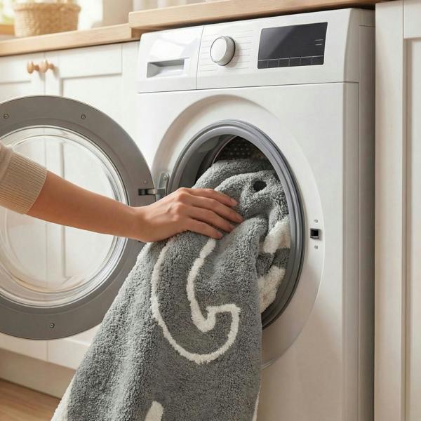 Person taking a gray towel out of a white washing machine in a kitchen.