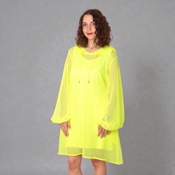 Neon Lime Holiday Resort Dress with matching neon lime undergarment and hoodie.. Short Version. Shown from the front.