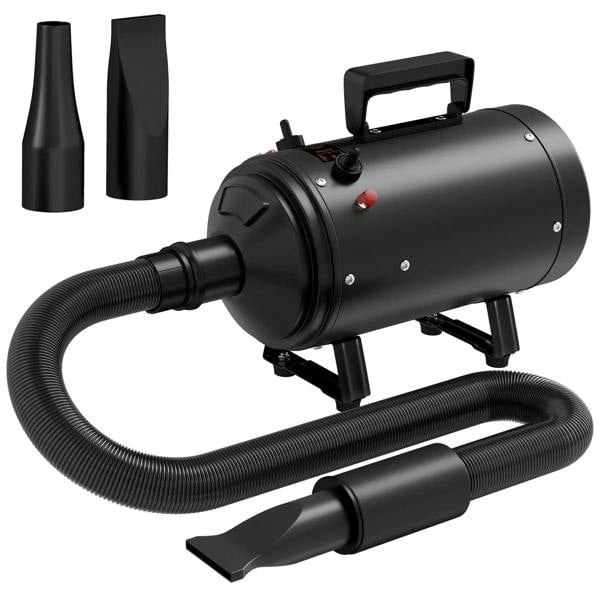 Black dog hair dryer with adjustable settings, two nozzle attachments and hose