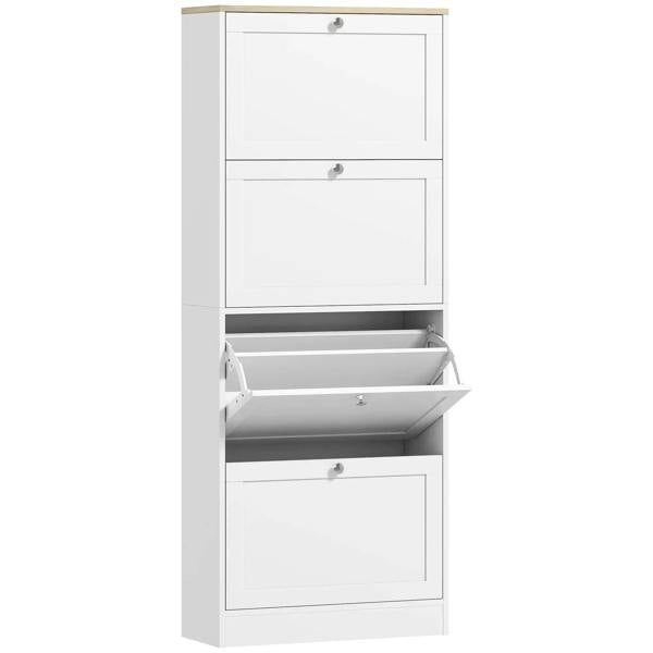 White shoe storage cabinet with four drawers and open top compartment for shoes
